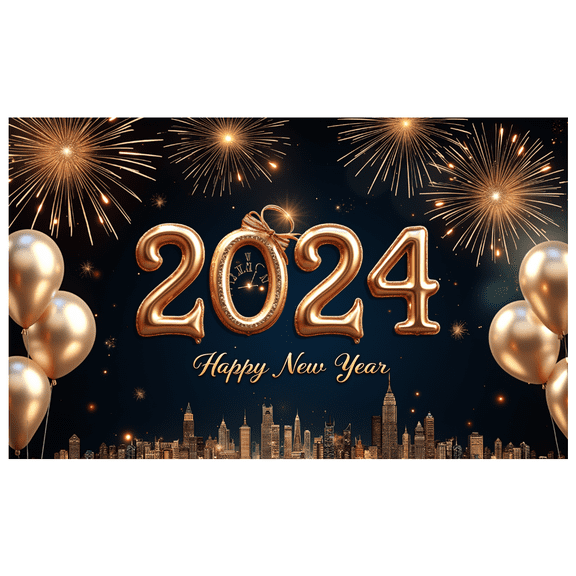 Golden Balloons New Year Banner Fireworks Display Decorative Design Celebration Backdrop for Party Event Home Decoration