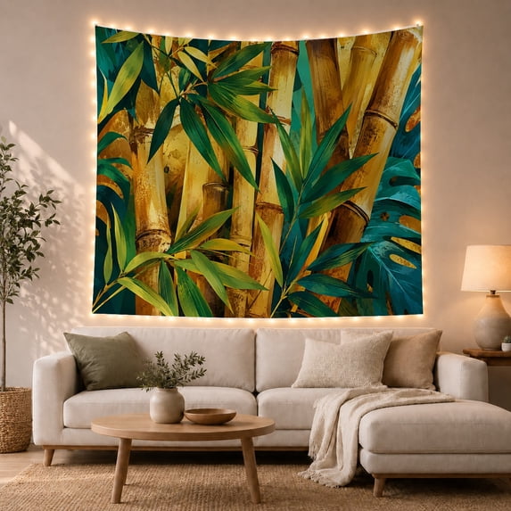 Golden Bamboo Among Teal Monstera and Blue Leaves, Dramatic Maximalist for Plant Lovers, Tropical Wall Art, Housewarming Gift, Tapestry Wall Hanging for Studio and Living Room