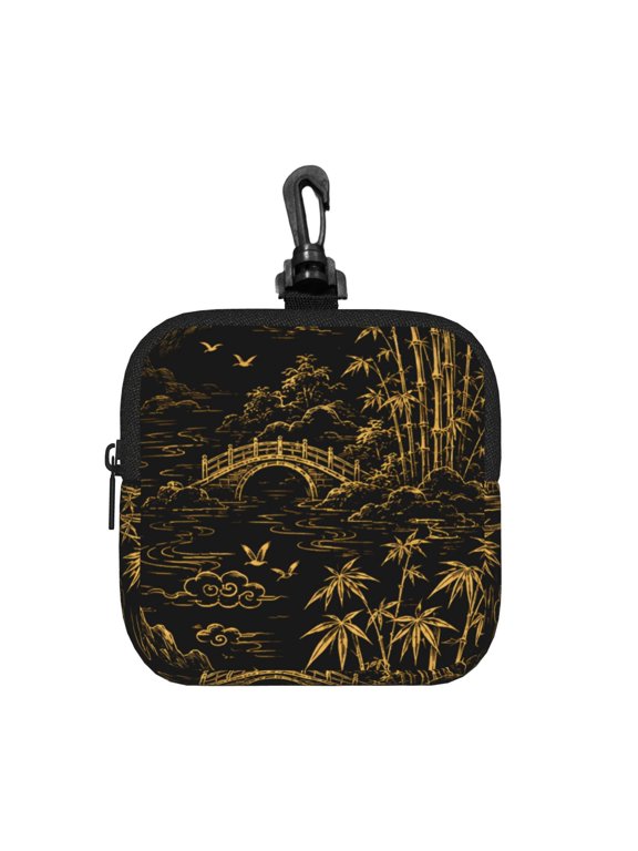 Golden Bamboo Grove Print Square Gear Pouch with Lobster Clasp Waterproof Tech Accessory Organizer, Key & Coin Case