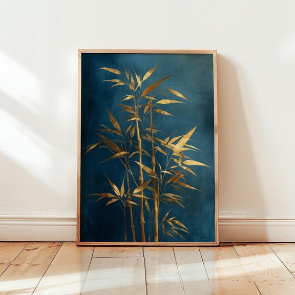 Golden Bamboo Minimalist Botanical Wall Art Teal Background Home Decor Unframed Paper Print