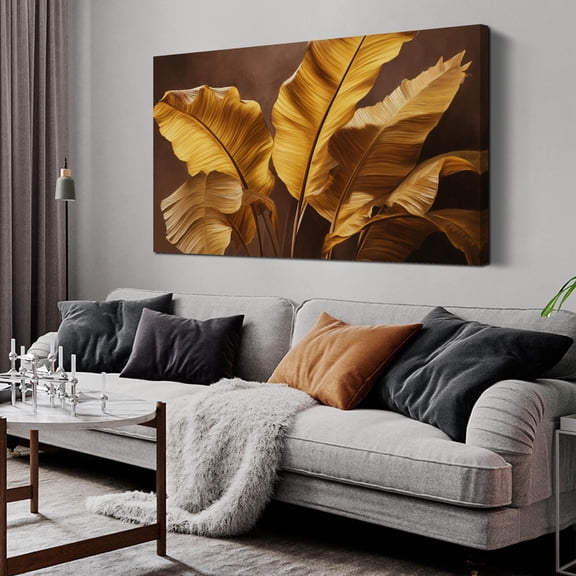 Golden Banana Leaf Canvas Wall Art, Vintage Brown Background Botanical Print Decor, 48x24 Inches Tropical Plant Picture for Living Room Bedroom Farmhouse Home Decoration