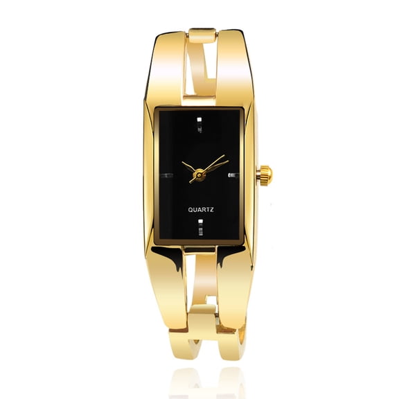 Golden Bangle Watch with Black Dial – Elegant Rectangular Stainless Steel Cuff Watch for Women