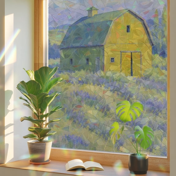 Golden Barn Window Privacy Film, Rustic Farmhouse French Countryside Lavender Field Static Cling Stained Glass Window Sticker Decorative Removable Rainbow Film for Glass 17.7”x39.3”