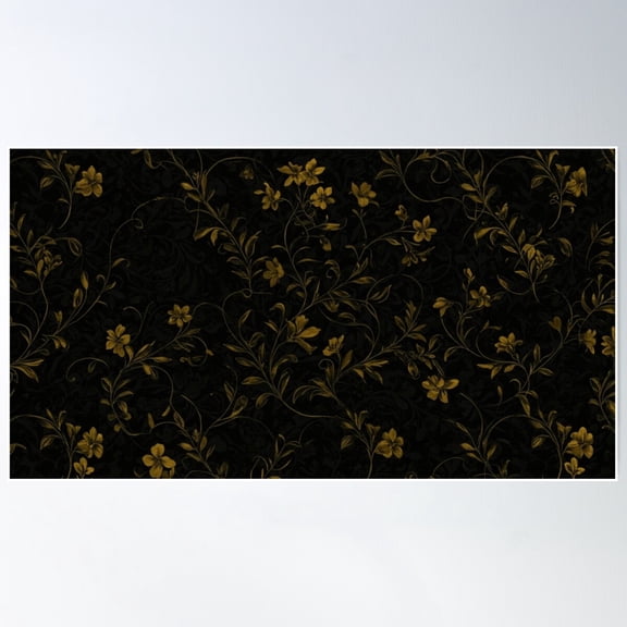 Golden Baroque Floral Pattern On Black Background. Poster Wall Art, Modern Wall Decor For Living Room Bedroom, 12x18 UNFRAMED