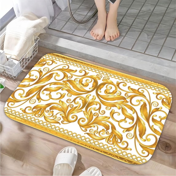 Golden Baroque Scroll Luxury Flannel Bathroom Mats 16x24, Extra Soft and Absorbent Non-Slip Shower Rug for Bathroom Floor