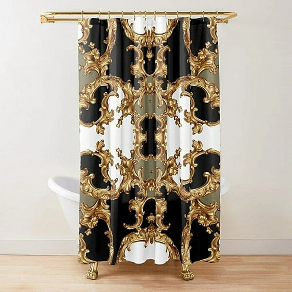 Golden Baroque Symmetrical Shower Curtain Golden Lion and Damask Ornament Luxury Design Gold Lace Bathroom Curtains with
