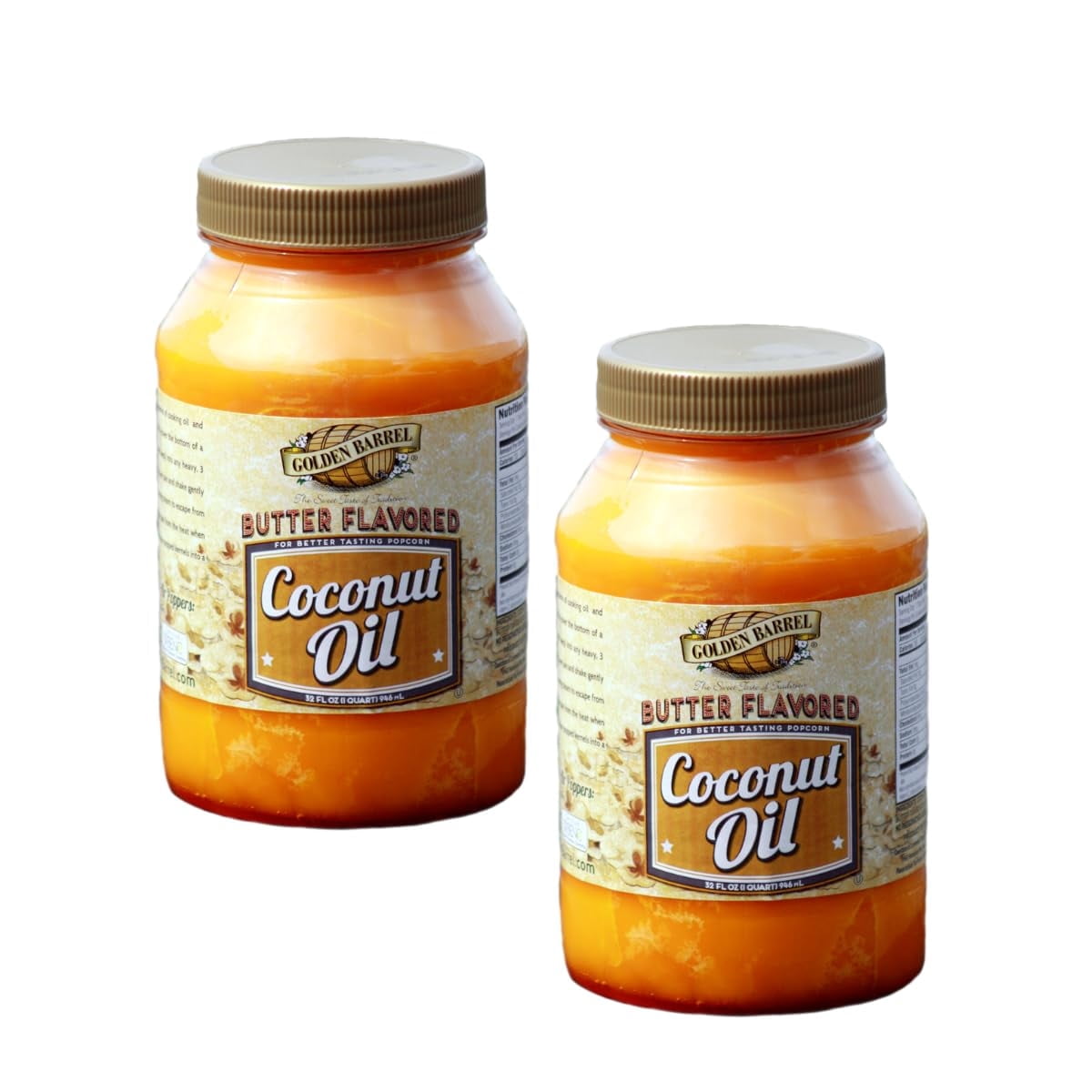 Refined Popcorn Coconut Oil - Butter Flavored Golden Barrel Oil - Convenient 32oz Jars - Pack of 2 | Vegan, Dairy-Free