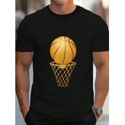 Golden Basketball Hoop With A Net Basketball Player Lover Men's Cotton Crew Neck Graphic Tee Casual Short Sleeve Solid T-Shirt