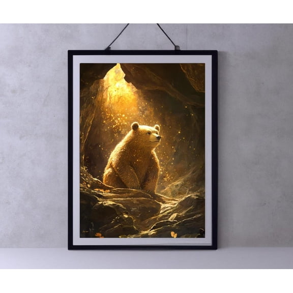 Golden Bear In Magical Cave, Enchanted Forest Art, Whimsical Animal Wall Decor, File Wall Art, Modern Wall Decor, 12x18 UNFRAMED
