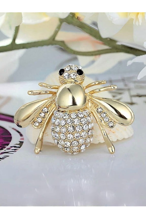 Golden Bee Brooch With Crystal Accents, Fashionable Insect Lapel Pin For Women