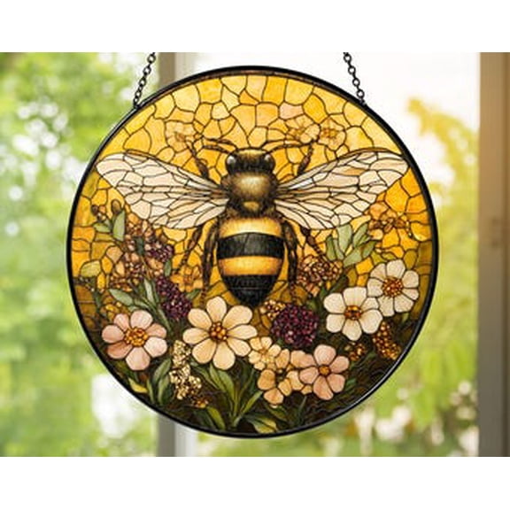 Golden Bee Glass Suncatcher – Handmade Window Hanging, Cottagecore Honeybee Décor, Pollinator Lover Gift, 6.3 in