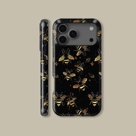 Golden Bee Tough Phone Case, Black Insect Art Pattern Dual Layer Shock Absorbing Protective Hard Shell Cover, Compatible with iPhone 13