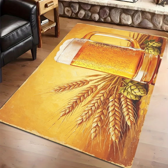 Golden Beer Mug Wheat Hop Spike 2D Non-Slip Area Rug, Living Room Doorway Oktoberfest Party Gift for Adult Beer Fans, Thanksgiving Christmas Gift