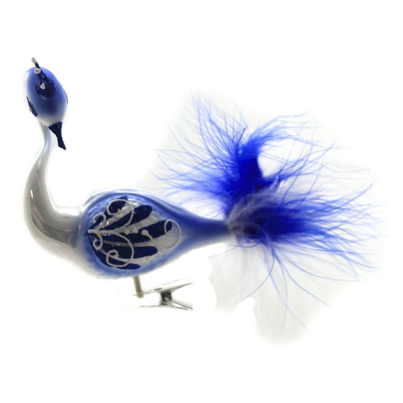 Golden Bell Collection 4.00In Blue & White Clip On Peacock, Glass, Ornament Bird Feather Crown Br487
