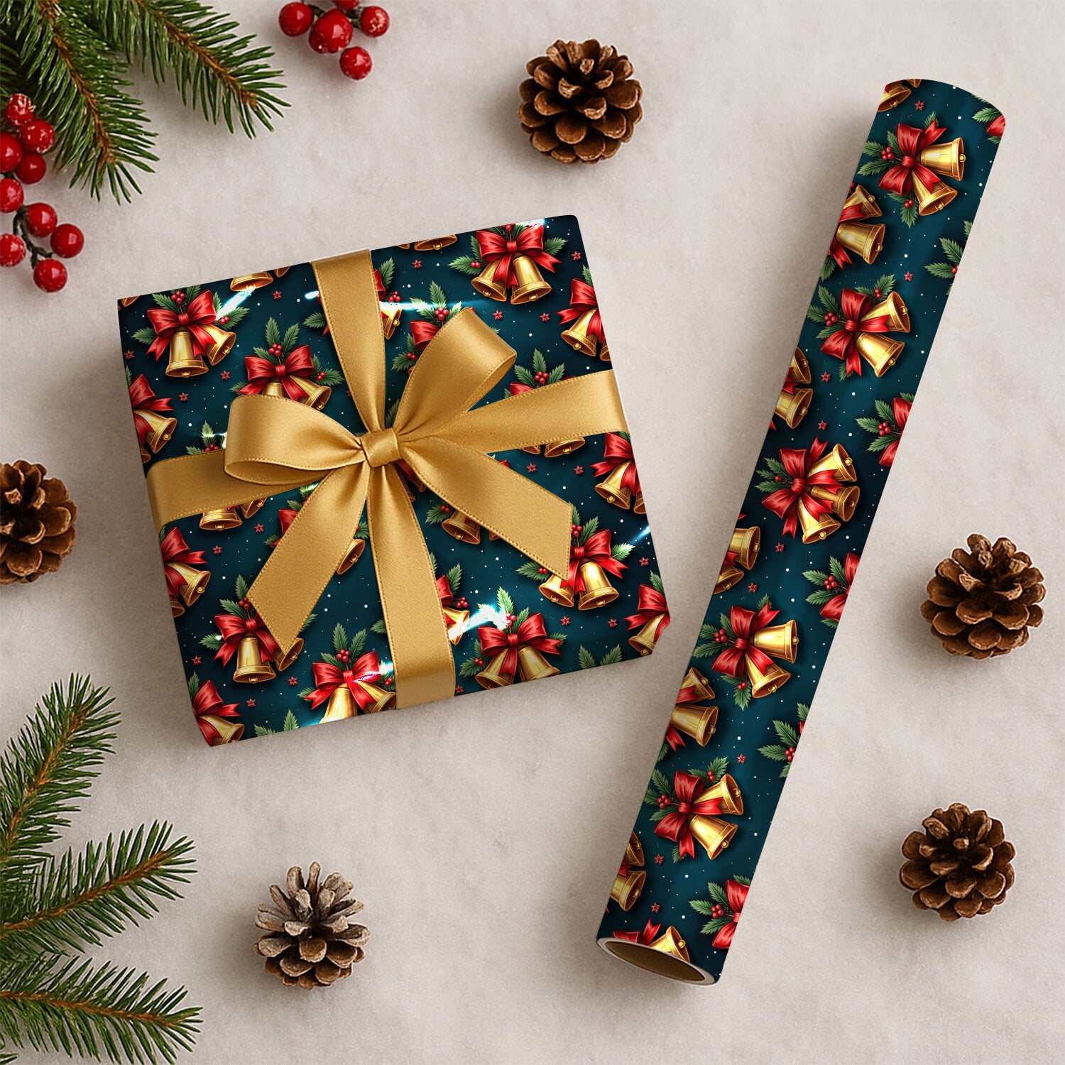 Golden Bells With Pine Leaves Christmas Wrapping Paper Rolls, Golden ...