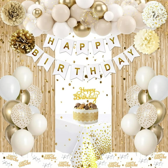 Golden Birthday Party Decorations for Kids Women Men Girls Boys, White and Gold Balloons Happy Birthday Banner Tablecloth Fringe Curtain Paper Pom Poms
