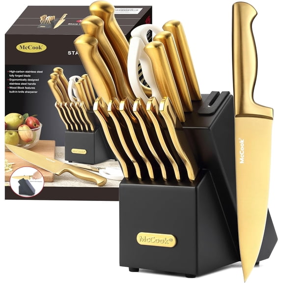 Golden Black 15 Piece Kitchen Knife Block Set with Built-in Sharpener and Wooden Block