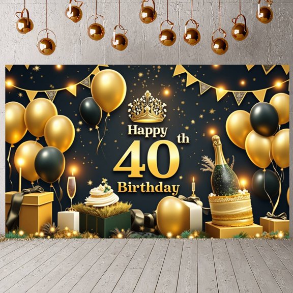Golden Black 40th Birthday Banner Studded Happy Birthday Display Number 40 Metallic Balloons 40th Anniversary Backdrop for 40th Birthday Party Adult Celebration Family Gathering