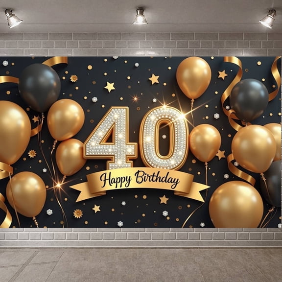 Golden Black 40th Birthday Banner Studded Happy Birthday Display Number 40 Metallic Balloons 40th Anniversary Backdrop for 40th Birthday Party Adult Celebration Family Gathering