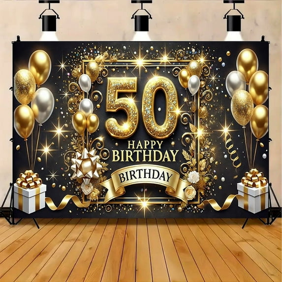 Golden Black 50th Birthday Backdrop Decorations for Women Glitter Diamond Happy Birthday Party Banner Supplies Elegant Balloon and Flower Photography Background Celebration Event