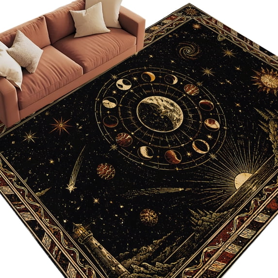 Golden Black Area Rug 5x7 Washable Rug Non Slip Abstract Rising Horizon Sun Mystical Moon Large Area Rug Soft Stainresistant Indoor Floor Carpet for Living Room Bedroom Home Office Dining Room