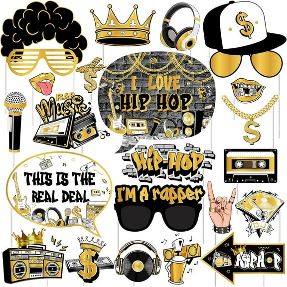 Golden and Black Hip Hop Photo Booth Props - 24 Pieces Retro Rock and Roll 90s Disco Music Themed Birthday Bachelorette Bachelor Party Decoration Supplies