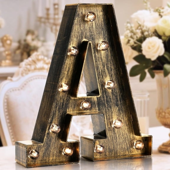 Golden Black Led Marquee Letter - Industrial, Vintage Style Light Up Alphabet Letter Sign for Cafe Wedding Birthday Party Christmas Lamp Home Bar Initials Decor - A