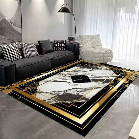 Golden Black Luxury Carpet for Living Room European Marble Bedroom Bedside Non Slip Rug Sofa Table Side Area Rugs Home Floor Mat