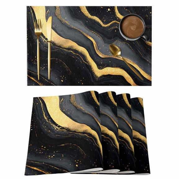 Golden Black Marble Placemats Set of 12 Modern Abstract Art Fluid Swirls Place Mats Indoor Wipeable Table Mats Washable Cloth Dining Table Placemats for Kitchen Holiday Party Home Decor 13x19 Inch