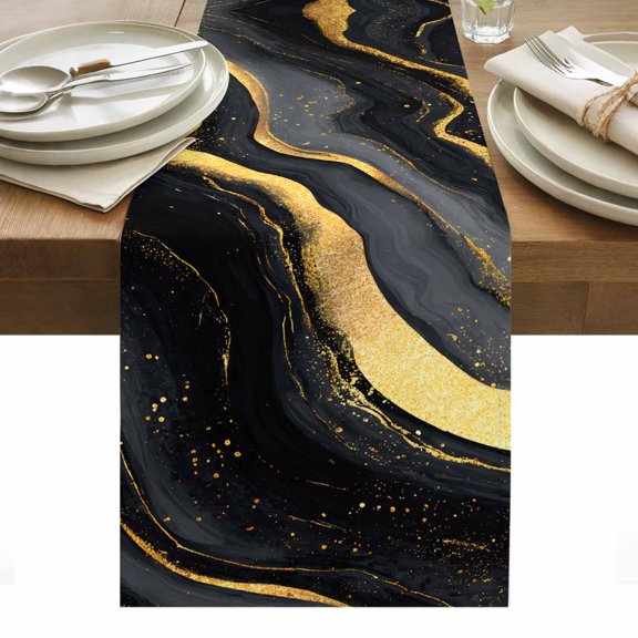 Golden Black Marble Table Runner Modern Abstract Art Fluid Swirls Tablerunners 13 x 36 Inch, Table Decorations Tabletop Scarf for Summer Gathering Holiday Farmhouse Kitchen Dining Decor