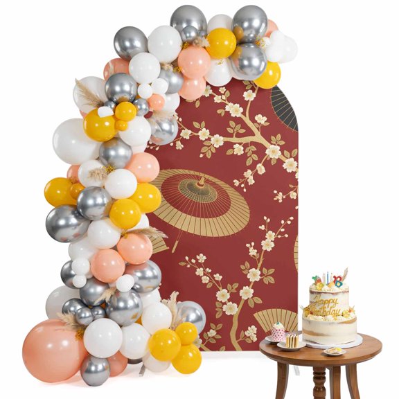 Golden Black Paper Fan Arch Backdrop Cover 5 Ft Cherry Blossom Japanese Style Red Spandex Fitted Stretchy Arch Cover, Round Top Chiara Backdrop Cover for Wedding Birthday Baby Shower