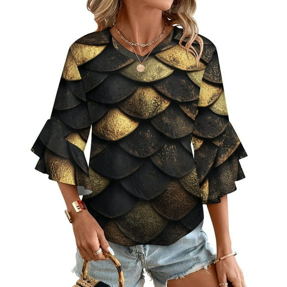 Golden Black Scales Pattern Women's V-Neck Blouse With 3/4 Ruffled Bell Sleeves Casual Top Ladies Blouses
