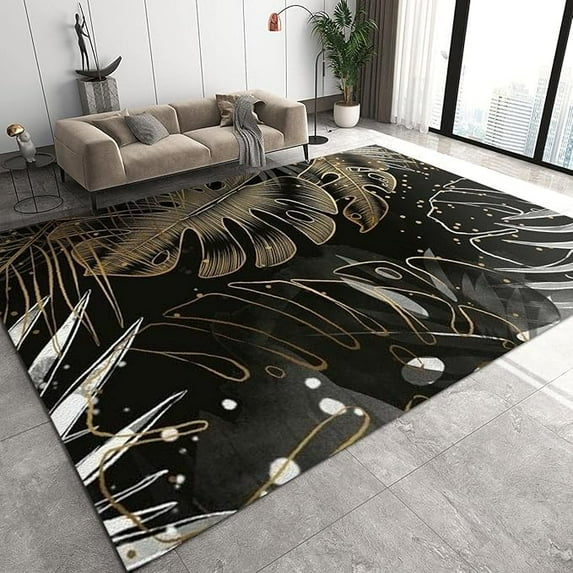 Golden Black Tropical Plants Area Rugs, Light Luxury Monstera Leaf Soft Washable Carpet, Upholstery Rug With Non-Slip Backing For Kids Boys Girls Bedroom Living Room Dining Room 5 x 7ft