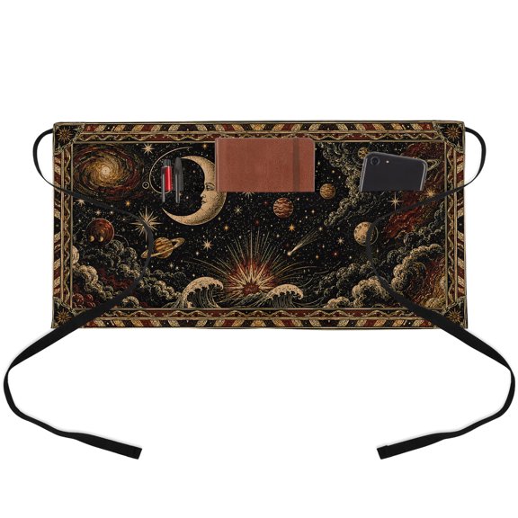 Golden Black Waitress Apron with 3 Pockets, Coastal Sun Moon Mysterious Abstract Server Aprons Waterproof Kitchen Restaurant Half Waist Apron for Men Women