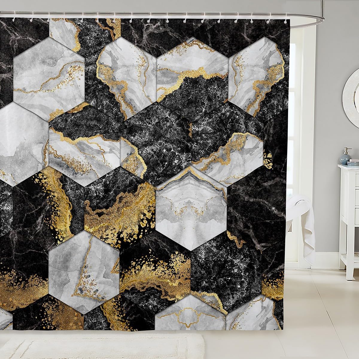 Golden Black White Bathroom Shower Curtain Sets Geometry Marble Art