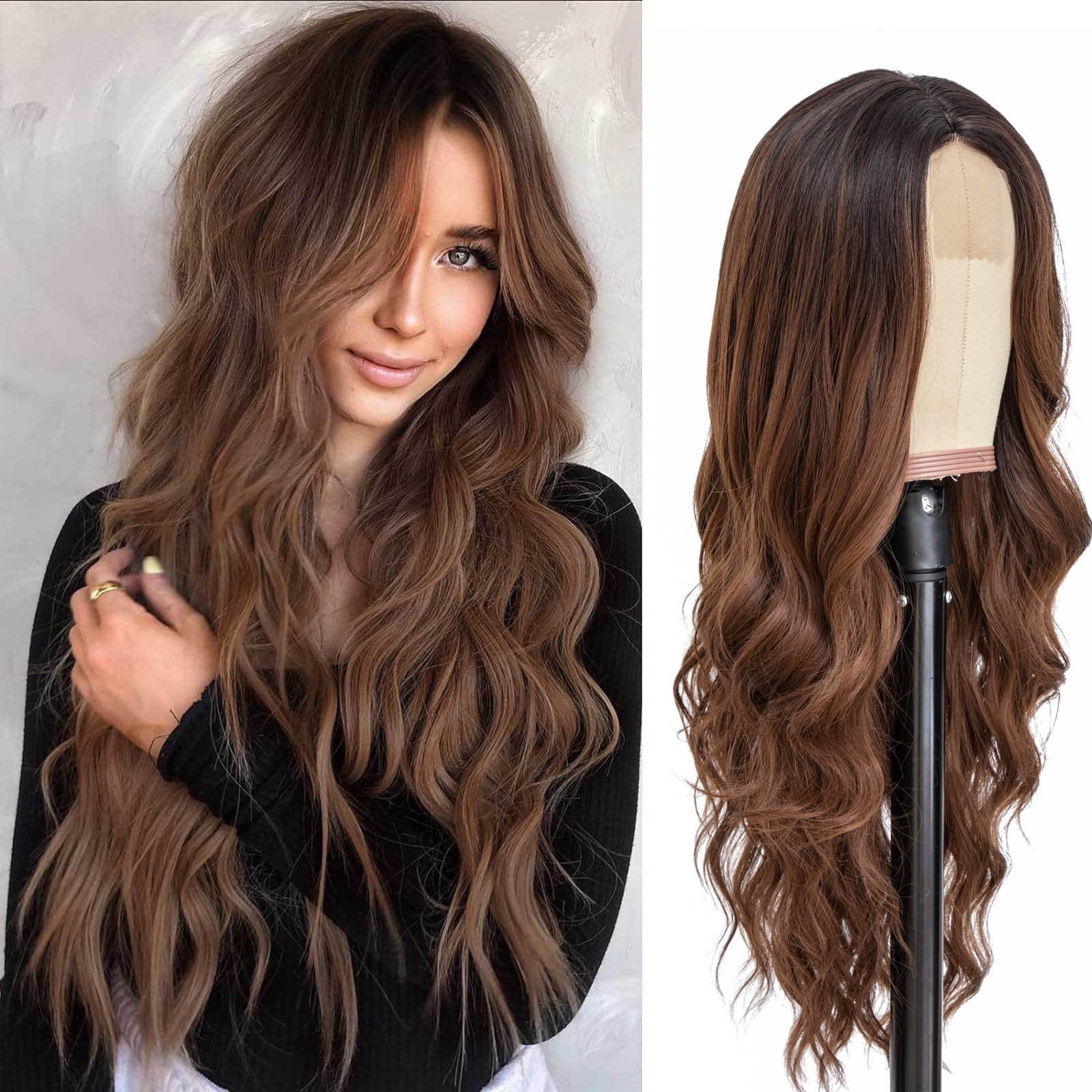 Golden Blonde Long Wavy Lace Front Wig for Women, Curly Synthetic Wig Heat Resistant Natural Looking Wigs(Brown,One Size)