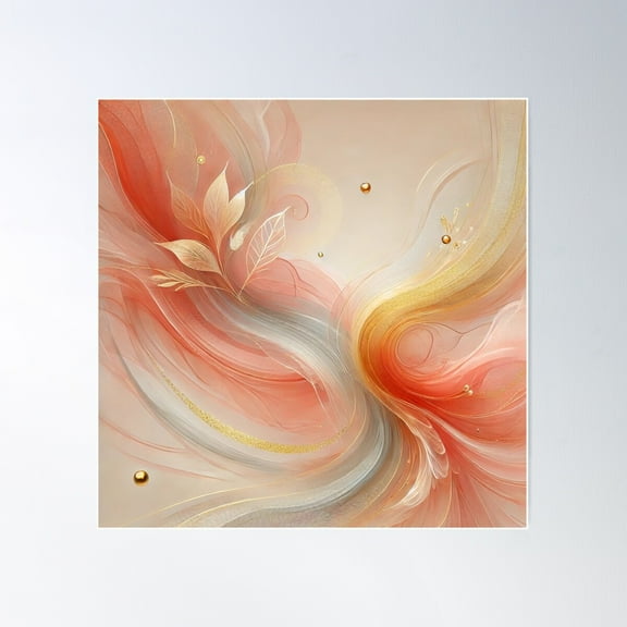 Golden Bloom – Abstract Coral, Peach & Botanical Flow Design Poster Wall Art, Modern Wall Decor For Living Room Bedroom, 16x16 UNFRAMED