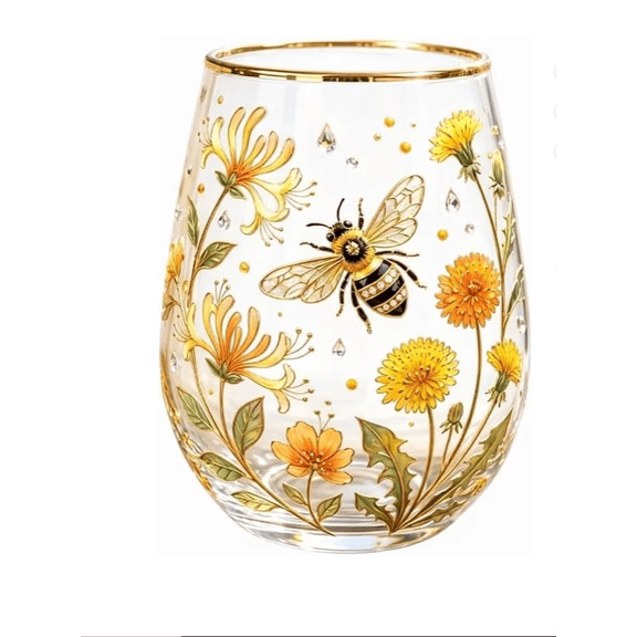 Golden Bloom Bee Floral Glass Tumbler, Gold Rim Clear Glass Cup for Tea Coffee Iced Drinks, Nature Bee & Wild Flower Decor Gift for Mom Friends Garden Lovers