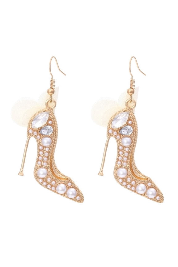 Gold High Heel Shoe Earrings with Pearls & Crystal Rhinestones for Women, Fashion Statement Dangle Earrings