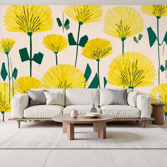 Golden Bloom Floral yellow Dandelions Beige Mid century modern Peel and Stick Wall Murals 69"H x 96"W Removable PVC Wallpaper Self-Adhesive Wall Paintings for Bedroom Living Room