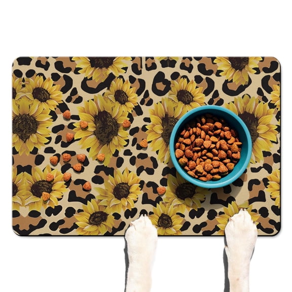 Golden Bloom Sunflower Dog Bowl Mat - Absorbent Pet Food Pad with Rustic Watercolor Artwork, Large Size