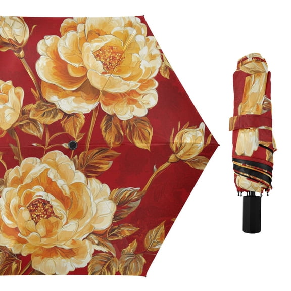 Golden Blooming Roses Valentine's Day All Weather Umbrella Triple Folding Parasol 6 Ribs UV Protection Portable
