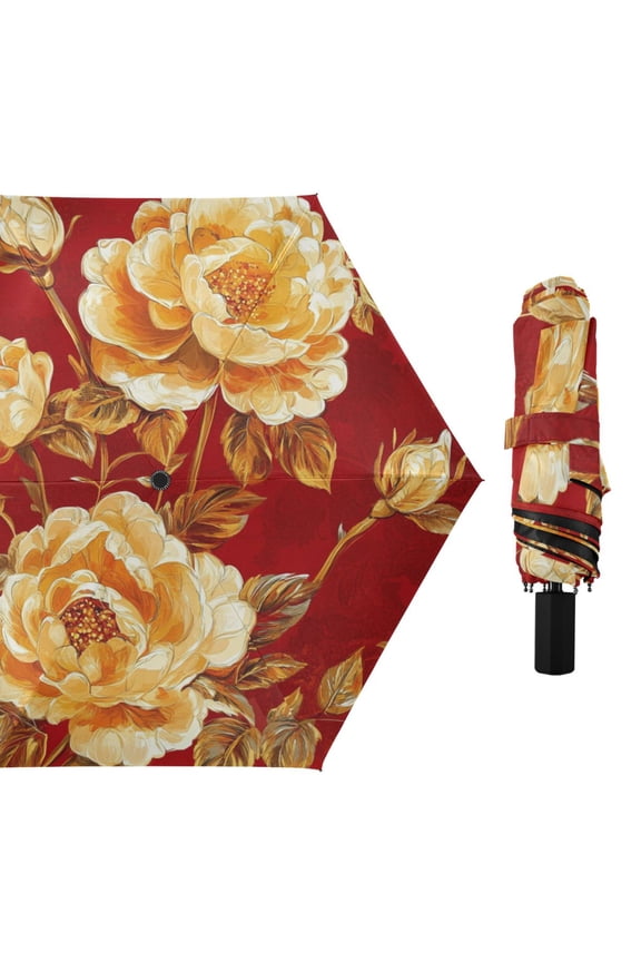 Golden Blooming Roses Valentine's Day All Weather Umbrella Triple Folding Parasol 6 Ribs UV Protection Portable