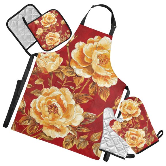 Golden Blooming Roses Valentine's Day Apron Set with Oven Mitts Pot Holders Set of 5 Kitchen Stuff Accessories