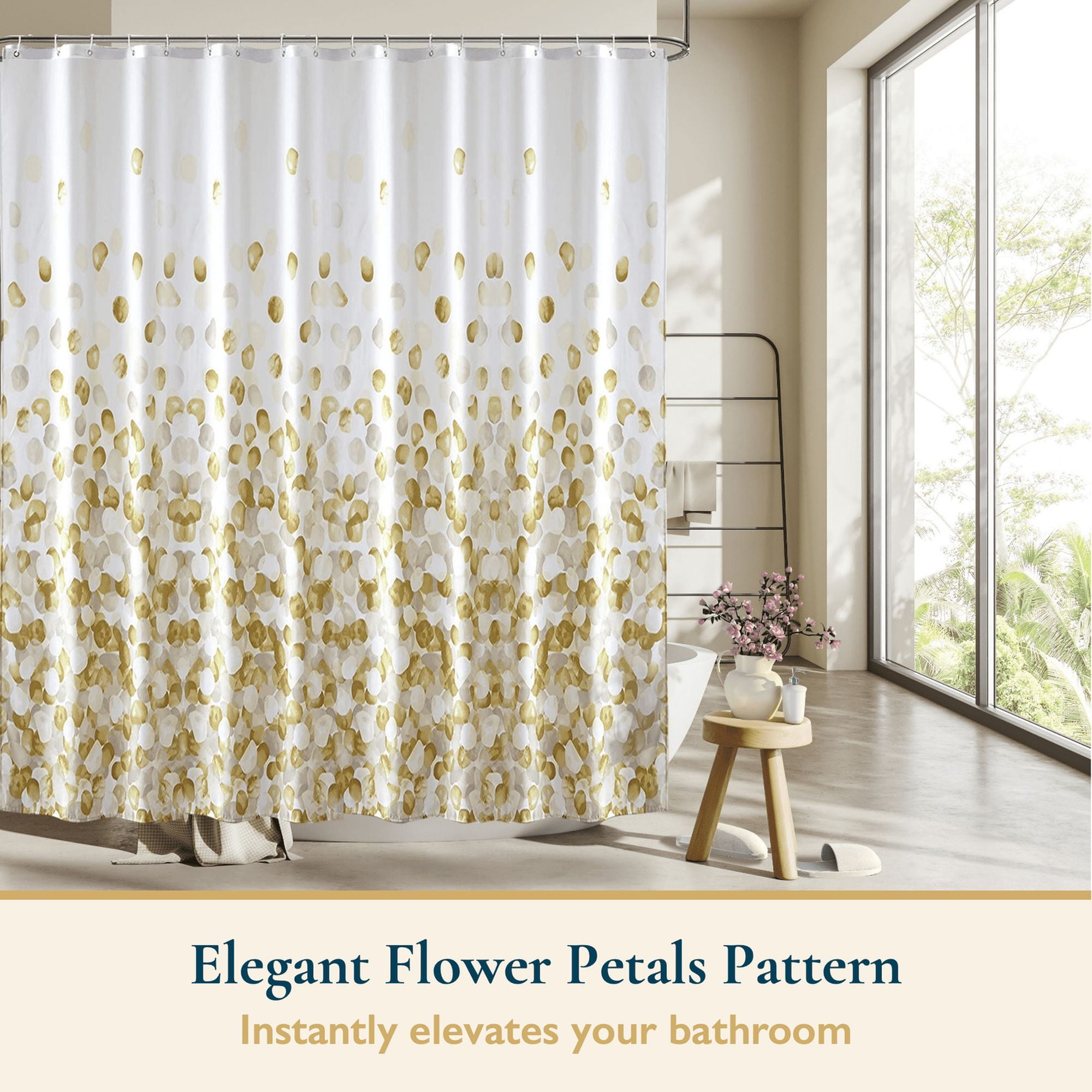 Golden Blooms Elegant Rose Petal Shower Curtain with Floral Design in