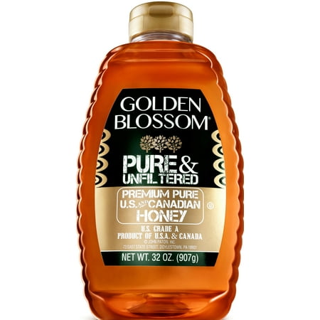 Golden Blossom Pure & Unfiltered Honey, 32 oz Plastic Bottle. Contains no additives or preservatives or added sugars. Naturally Gluten Free. Prepared in a Tree Nut Free Facility