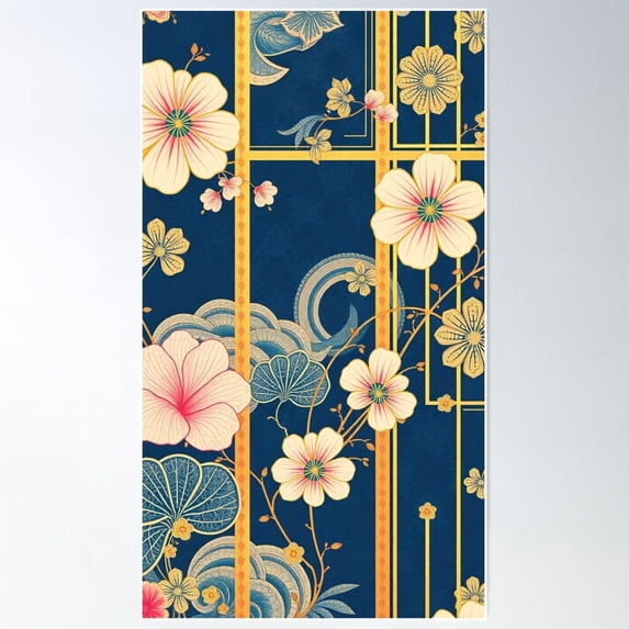 Golden Blossoms And Japanese Waves Poster Wall Art, Modern Wall Decor For Living Room Bedroom, 8x12 UNFRAMED