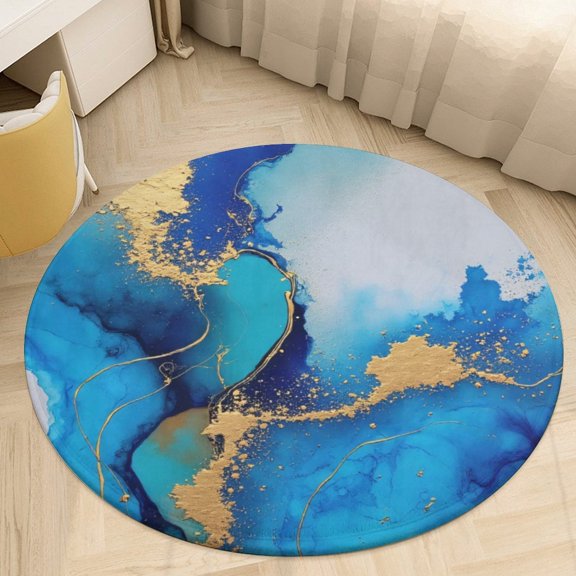 Golden Blue Abstract Splash Round Area Rugs for Bedroom Living Room, 4FT Soft Indoor Circle Carpets, Carpet Home Decor Floor Mat