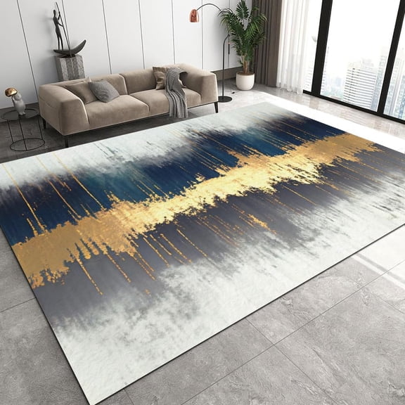 Golden Blue Area Rugs for Living Room, Abstract Art Bedroom Carpet, Indoor Soft Carpet for Room Dorm Home Decor, 2' x 3'