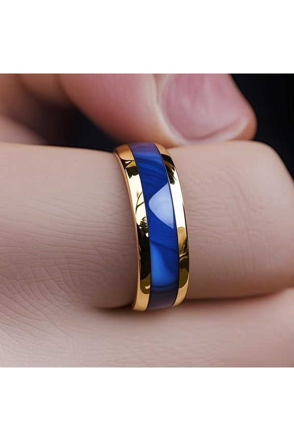 Golden Blue Background Ring, 8mm Men'S Ring, Stainless Steel Gold-Plated Ring, Business Men'S Ring, Anniversary Jewelry Gift for Him, Wedding Jewelry,Blue10